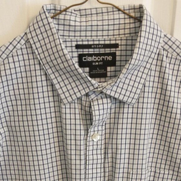 Claiborne Long Sleeve Button Up Men's Shirt, Size Large (Slim), White/Blue - Picture 2 of 6